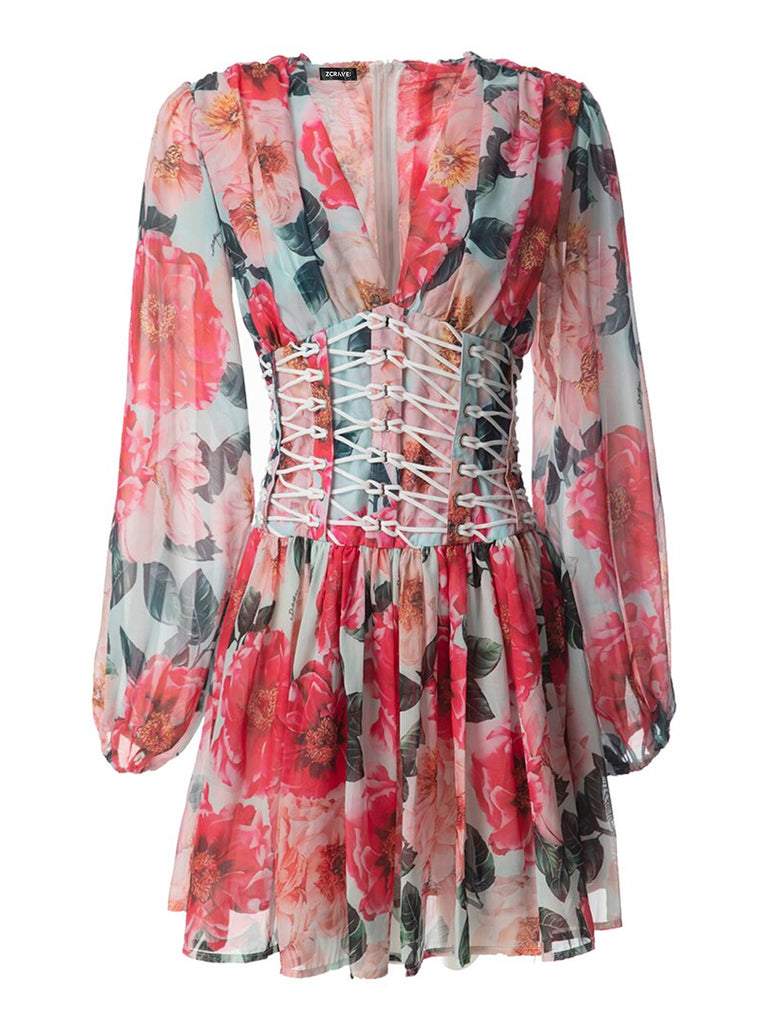 Minivestido floral de manga larga con cuello en V