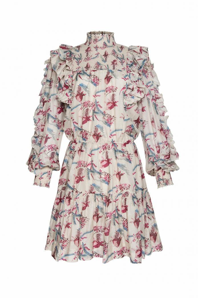 Vestido mini con cuello alto y mangas farol con estampado floral