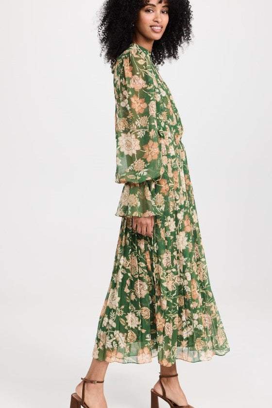 Vestido midi plisado de gasa con cuello en V