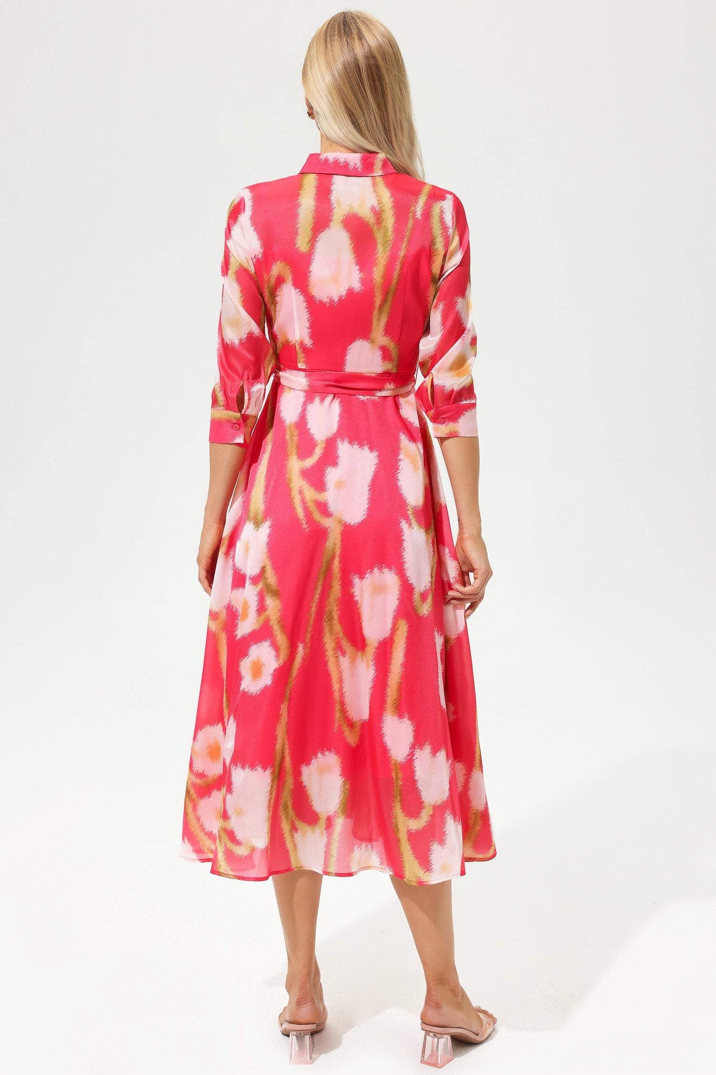 Vestido midi con solapa, encaje y manga corta con estampado floral