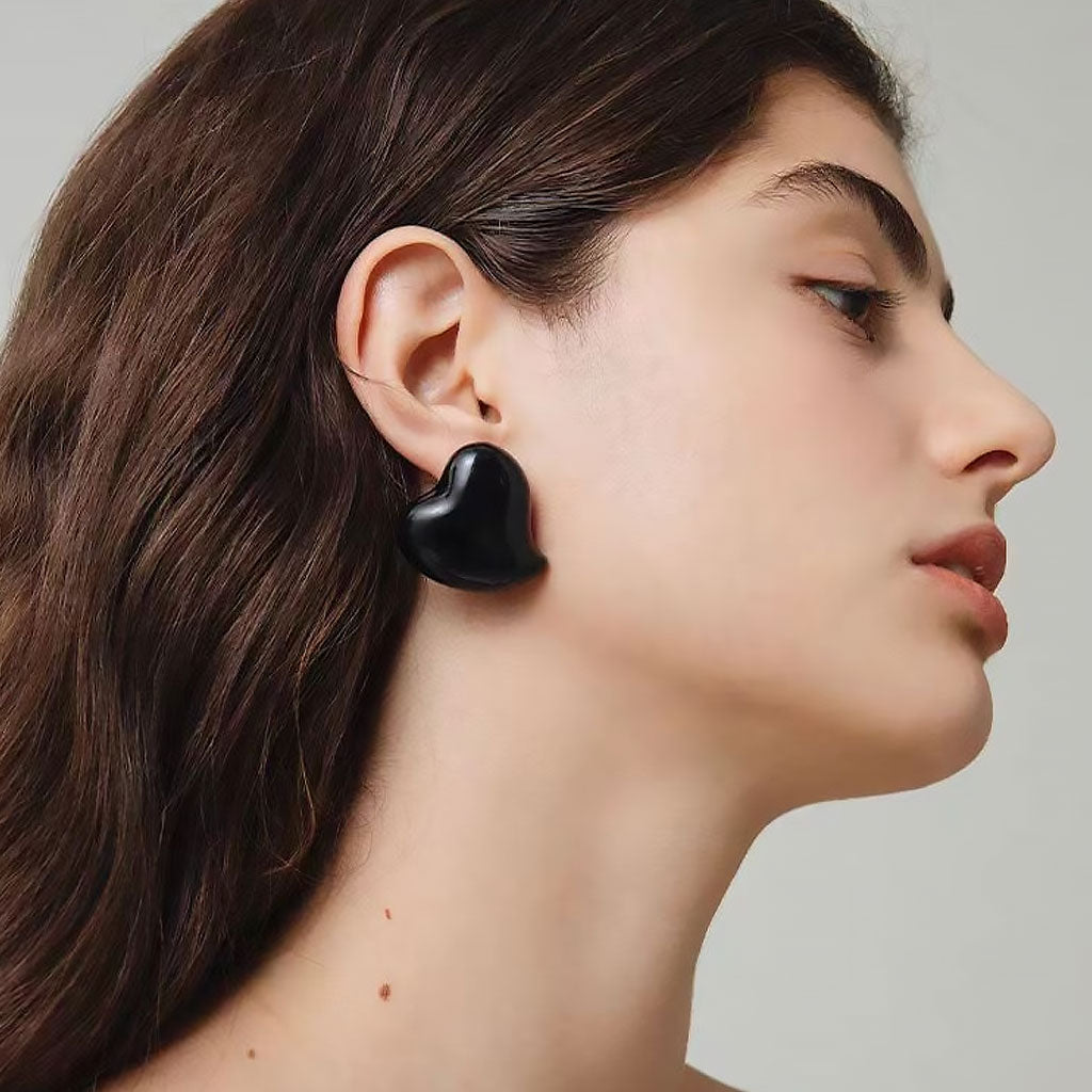 French Enamel Heart Stud Earrings in Puff Design