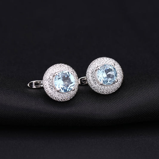 Blue Topaz Halo Cluster Stud Earrings with Clear Cubic Zirconia
