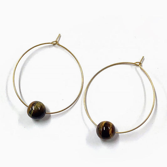 Oversized Tigers Eye Beaded Hoop Earrings with 18K Gold Plated Ring