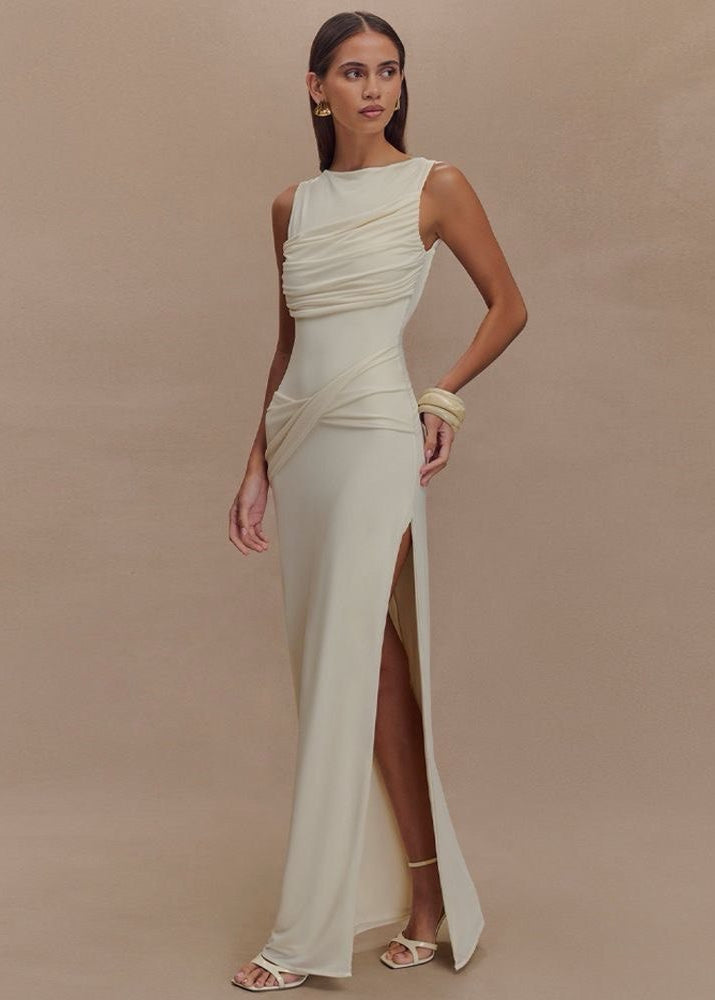 Champagne Drape Back Gown – Sleeveless Maxi with Open Back