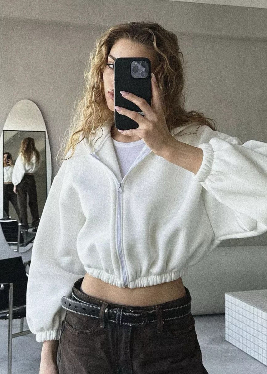 BubbleZip Cropped Hoodie with Balloon Sleeves