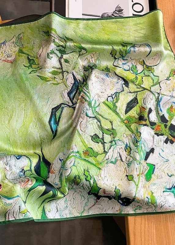 Spring Canvas - Artistic Green Floral Satin Scarf
