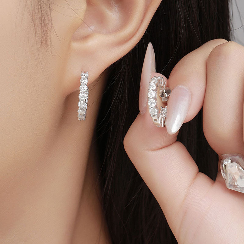 Rhodium Plated Sterling Silver 3MM Moissanite Paved Open Hoop Earrings