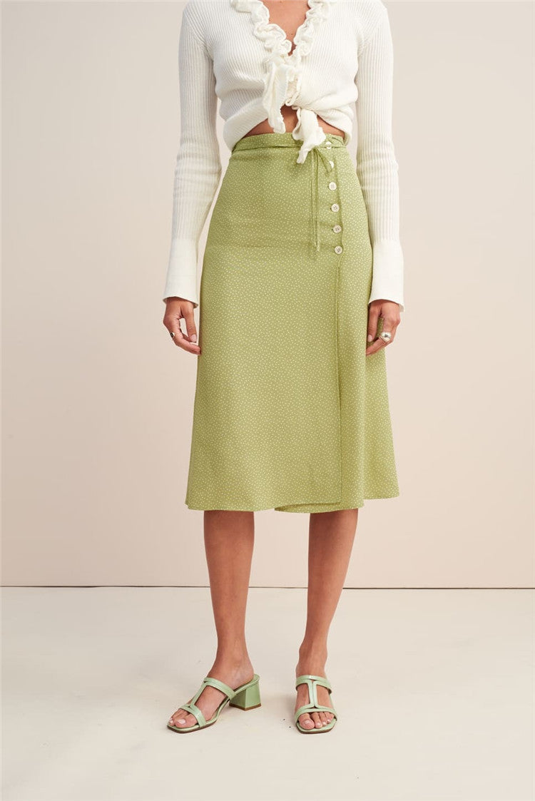 Falda midi con estampado de seda verde