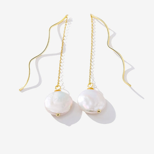 Threader Earrings with Spiral Wire and Baroque Pearl Drop