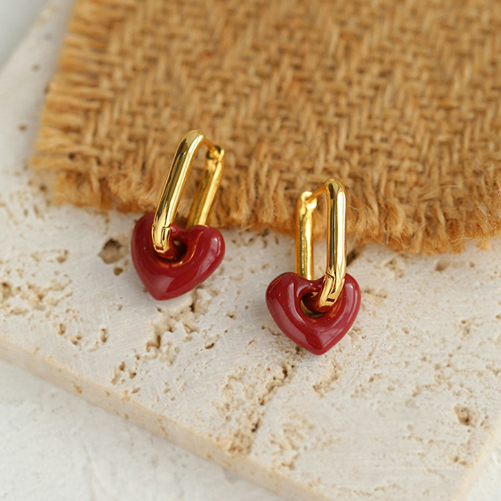 Heart 18K Gold Plated Enamel Hollow Hoop Earrings