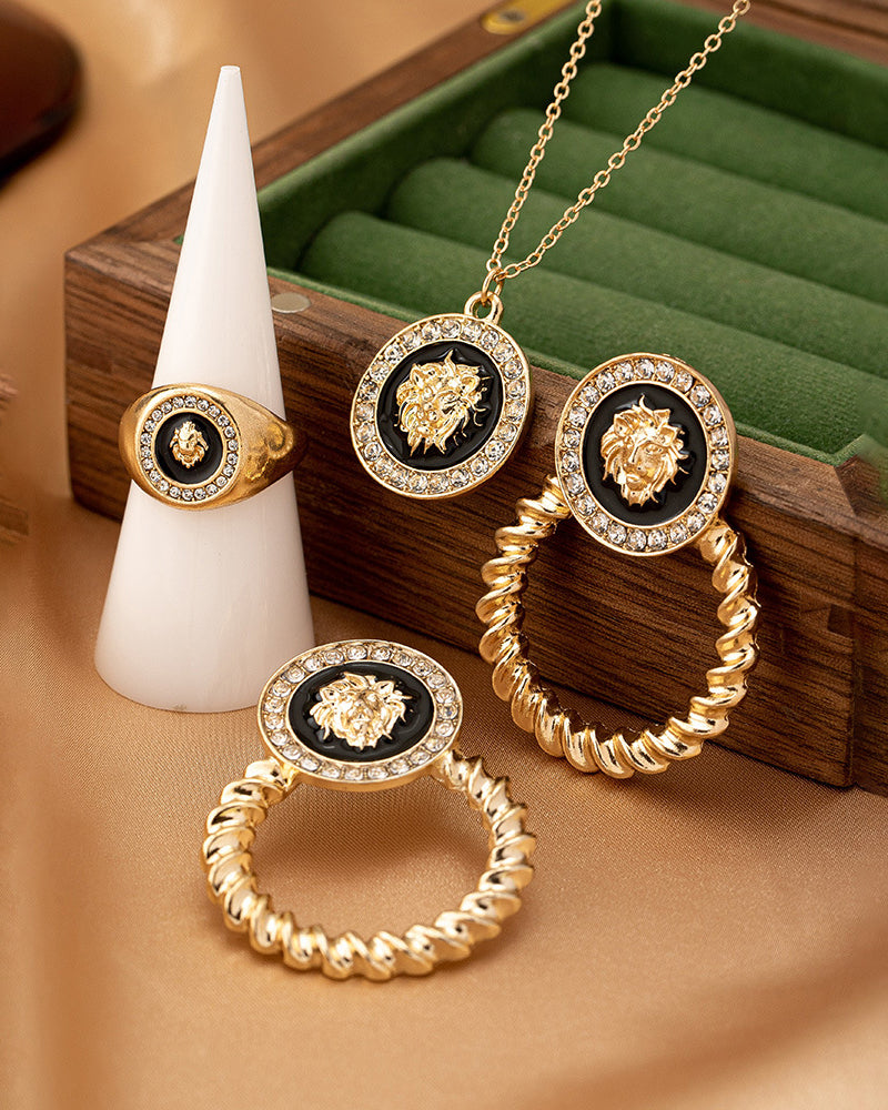 Lion Head Diamond Pendant Necklace Earrings Ring Set