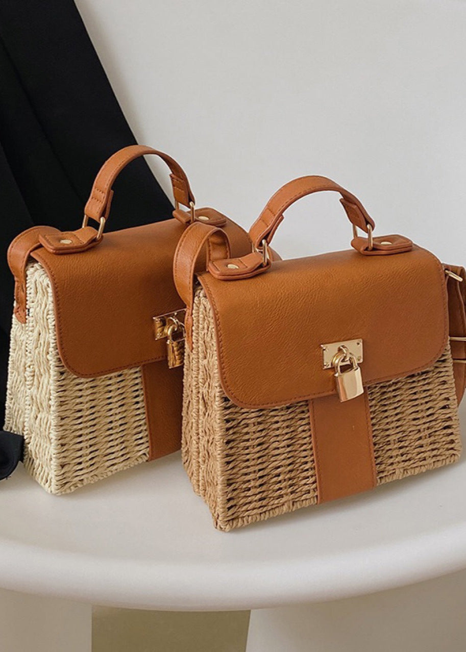 Isla - Woven Rattan Crossbody Bag with Faux Leather Trim