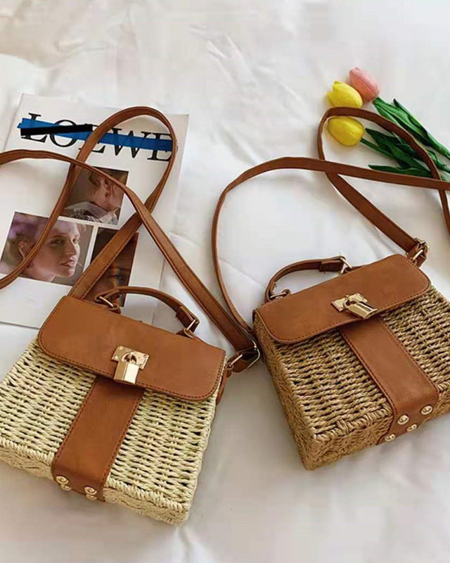 Isla - Woven Rattan Crossbody Bag with Faux Leather Trim
