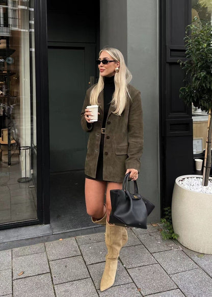 Carmelle - Faux Suede Tailored Blazer in Deep Olive