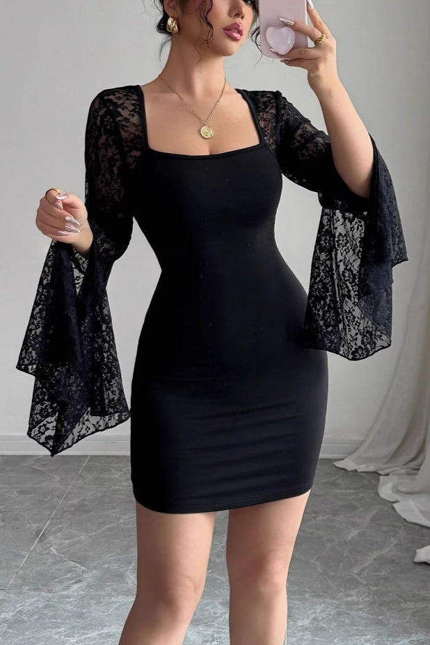 Lace Splice Square Neck Flare Sleeve Mini Dress