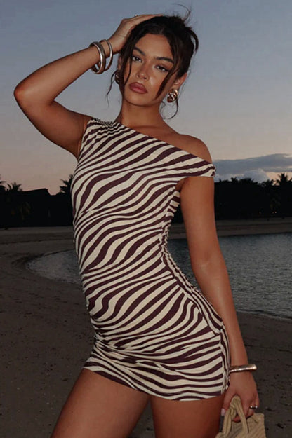 Zebra Print Ruched Drawstring Sleeveless Mini Dress
