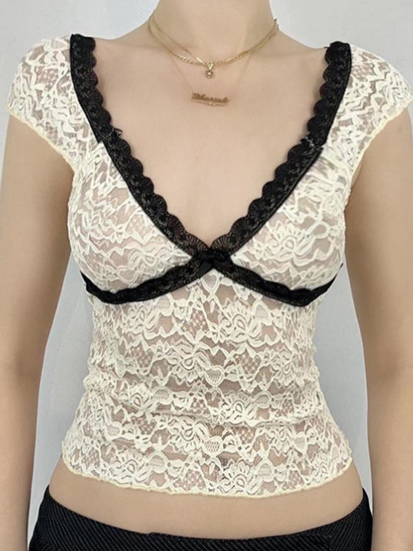 White Y2k V Neck Short Sleeve Tee with Colour Block Lace