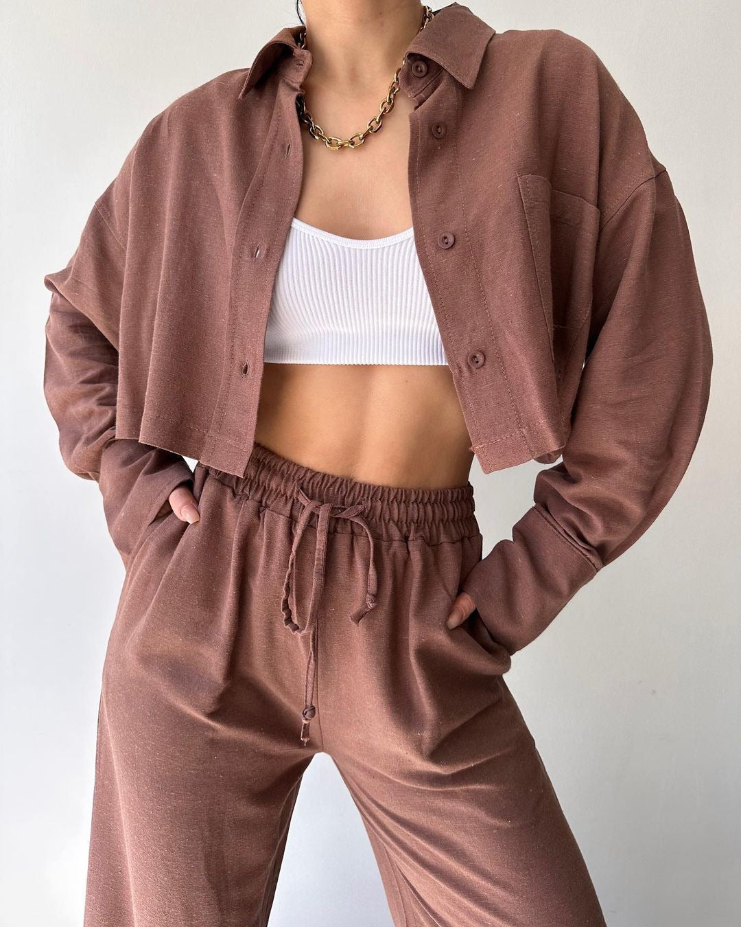 Collared Drawstring Two Piece Pants Set