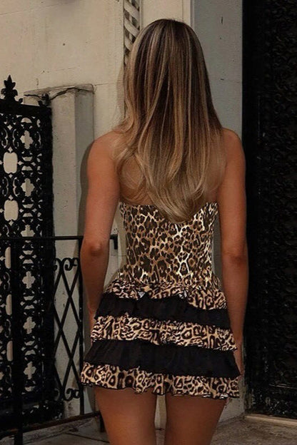 Strapless Leopard Ruched Bodycon Mini Dress