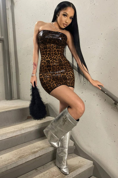 Strapless Leopard Patch Mini Dress