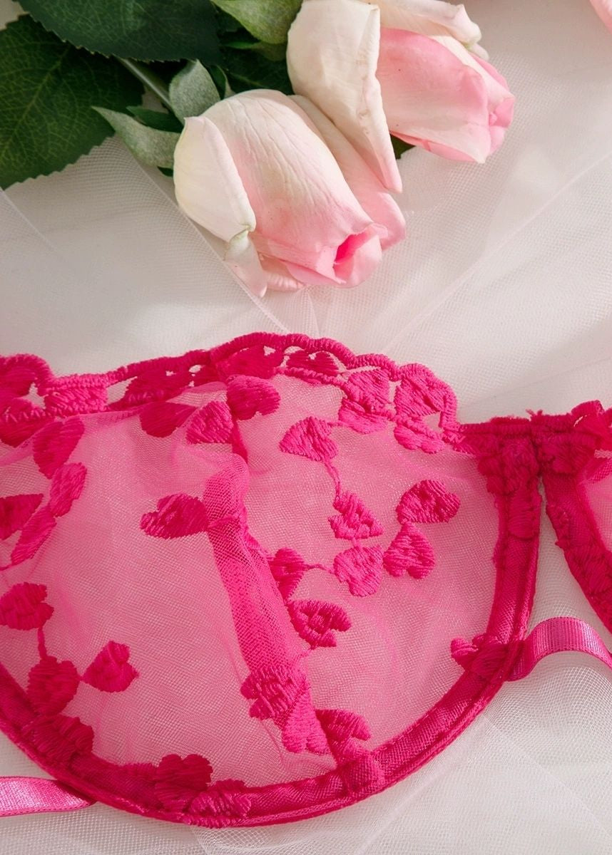 Cherry Bloom Lingerie Set – Sheer Embroidered Bra with Tulle Skirt & Garter