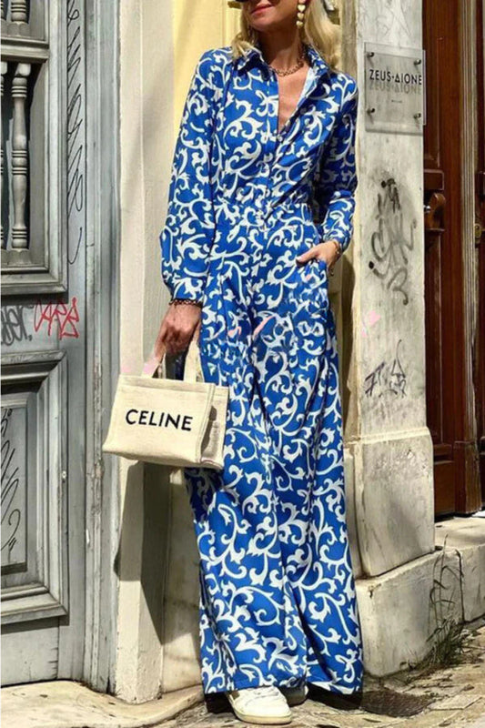 Vestido camisero largo de manga larga con bolsillo y botones de solapa y estampado étnico 