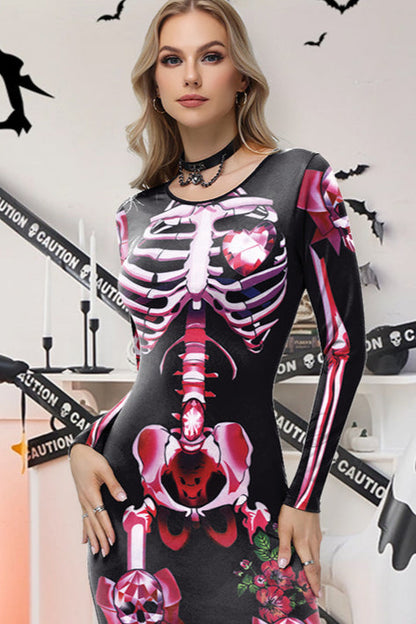 Halloween Skeleton Print Long Sleeve Maxi Dress