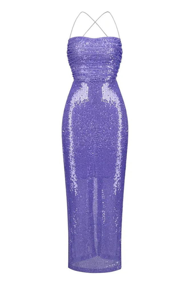 Vestido largo con cuello cuadrado, lentejuelas, cordones y cintura cónica 