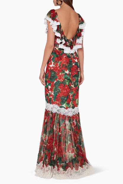 Vestido midi de cuello redondo con volantes florales de encaje 