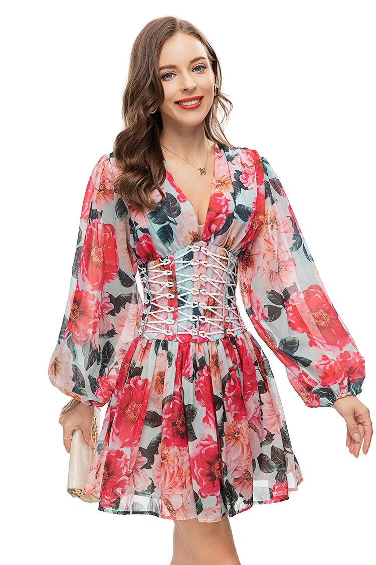 Minivestido floral de manga larga con cuello en V 