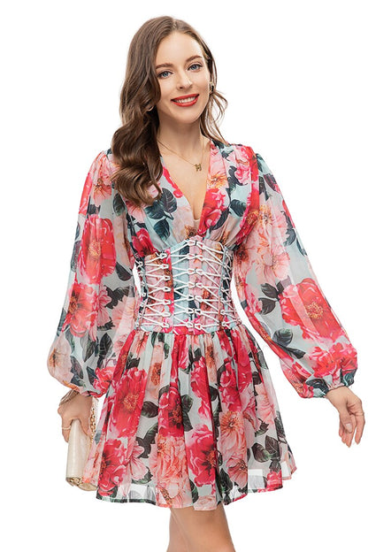 Minivestido floral de manga larga con cuello en V 