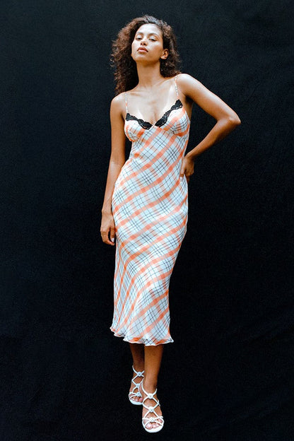 Vestido midi lencero con cuadros de encaje 