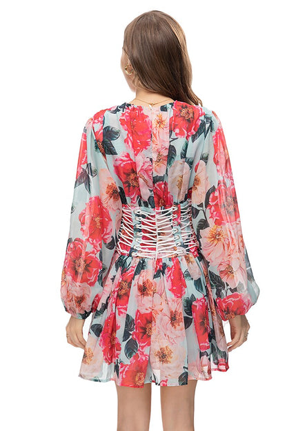 Minivestido floral de manga larga con cuello en V 