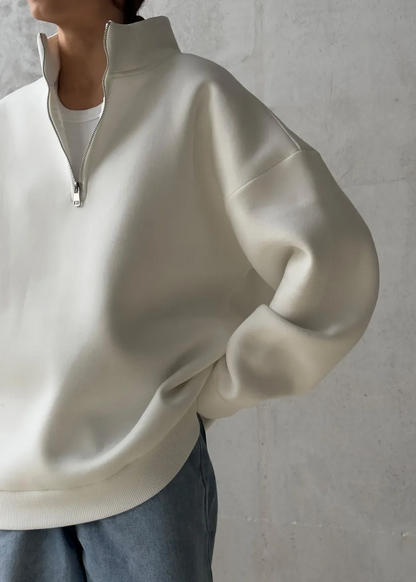Ivory Drift - Oversized Half-Zip Fleece Pullover with Tall Collar