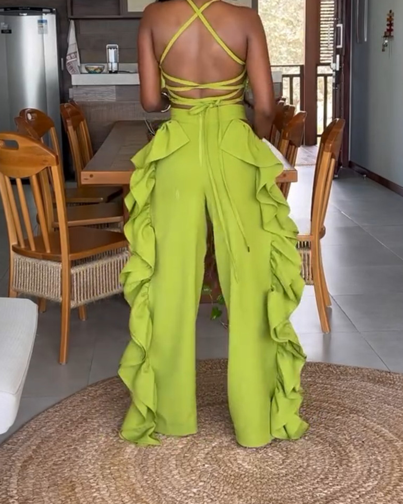 Ruffled High-Waist Wide-Leg Pants Suit