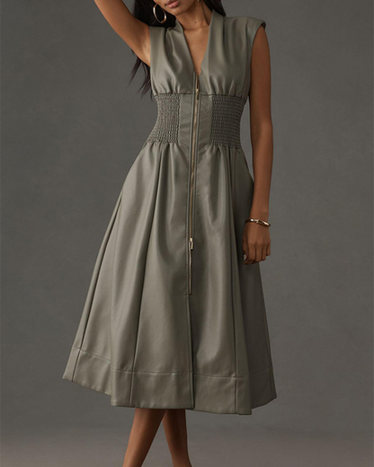 PU Zipper Waist Long Dress
