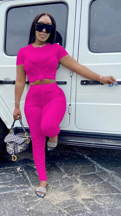 Conjunto de dos piezas de camiseta y pantalón corto fruncido para mujer, color liso, ajustado, para verano