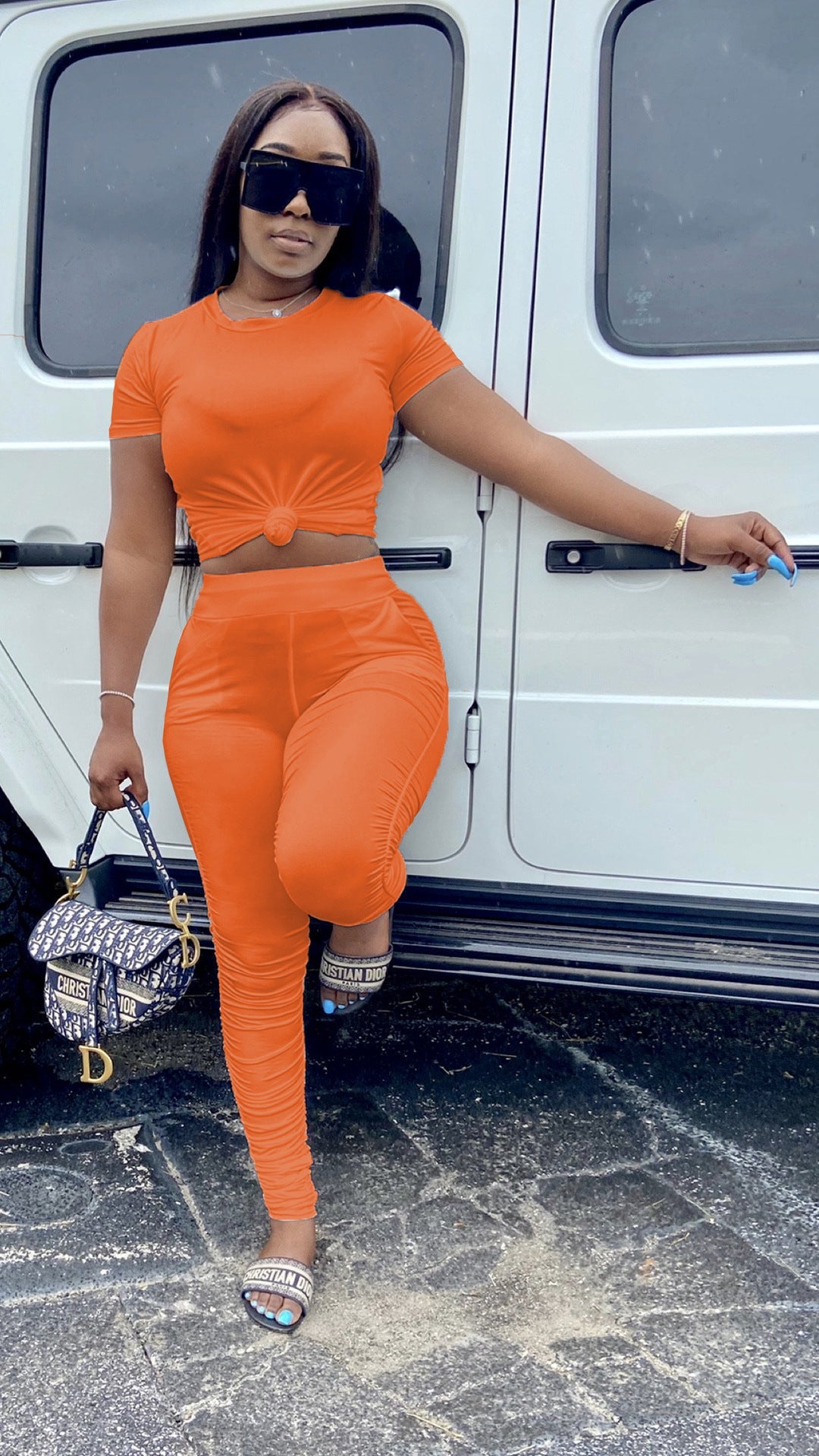 Conjunto de dos piezas de camiseta y pantalón corto fruncido para mujer, color liso, ajustado, para verano