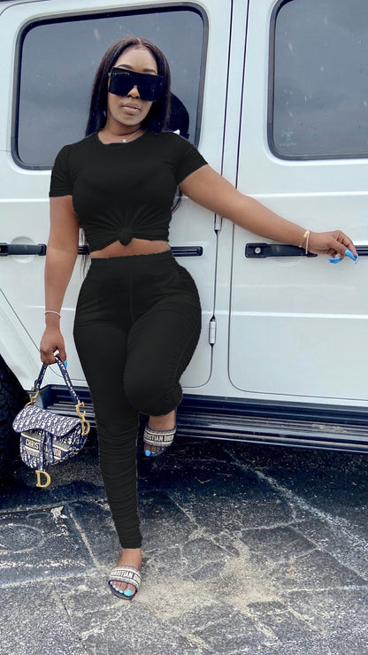 Conjunto de dos piezas de camiseta y pantalón corto fruncido para mujer, color liso, ajustado, para verano