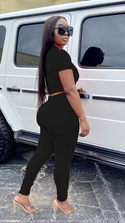 Conjunto de dos piezas de camiseta y pantalón corto fruncido para mujer, color liso, ajustado, para verano