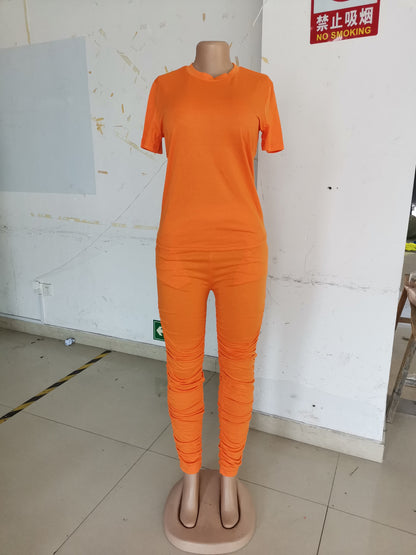 Conjunto de dos piezas de camiseta y pantalón corto fruncido para mujer, color liso, ajustado, para verano