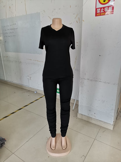 Conjunto de dos piezas de camiseta y pantalón corto fruncido para mujer, color liso, ajustado, para verano