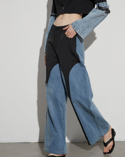 High Waisted Color Block Straight Casual Irregular Jeans