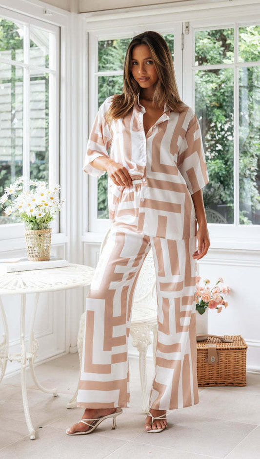 Women Clothing Printing Collared Short Sleeved Shirt Wide Leg Trousers Set