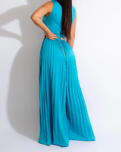 V-Neck Waist Pleated Loose Jumpsuit