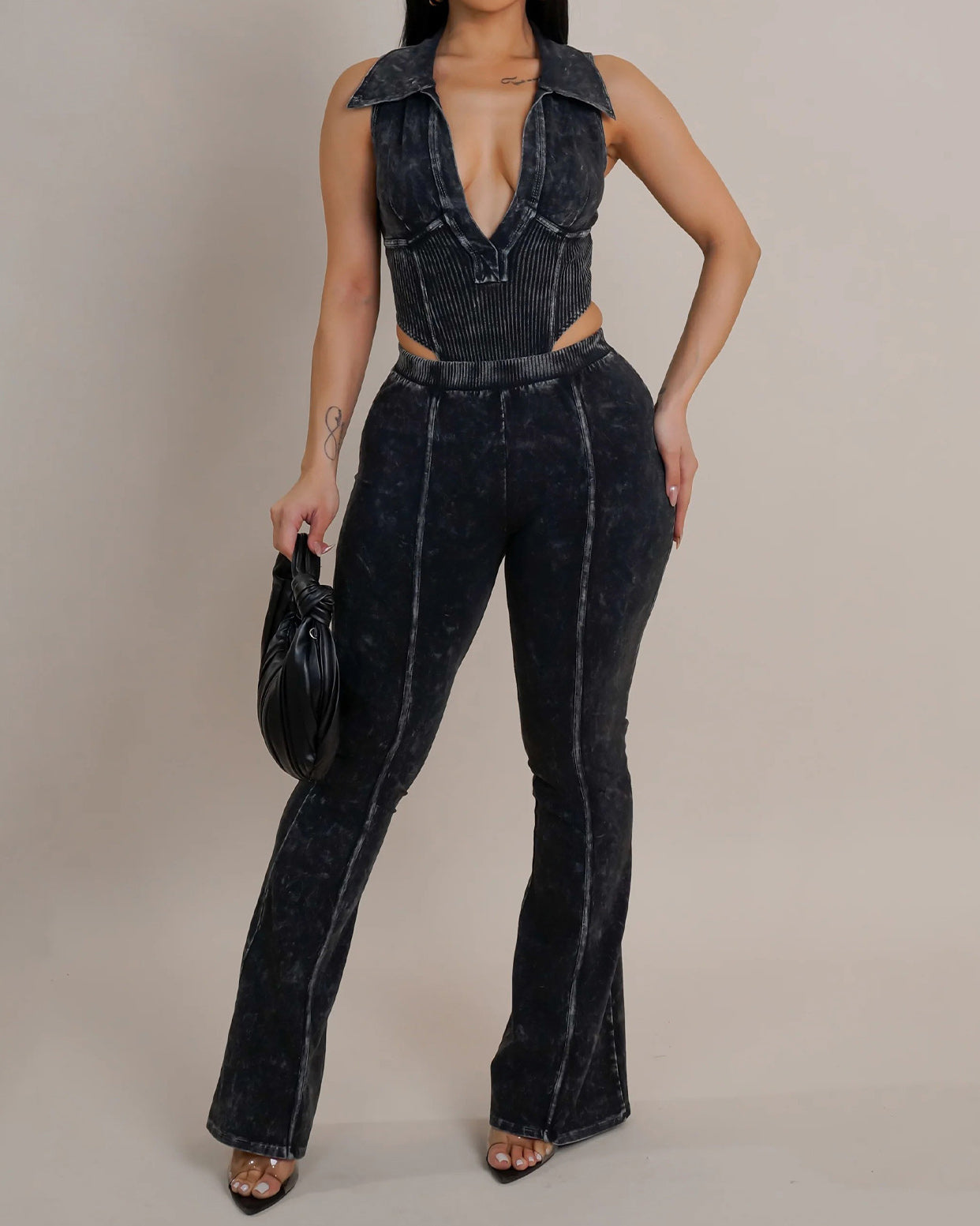 Washed Distressed Line Stitching Suit