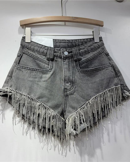 Ripped High Waist Rhinestone Tassel Chain Denim Shorts