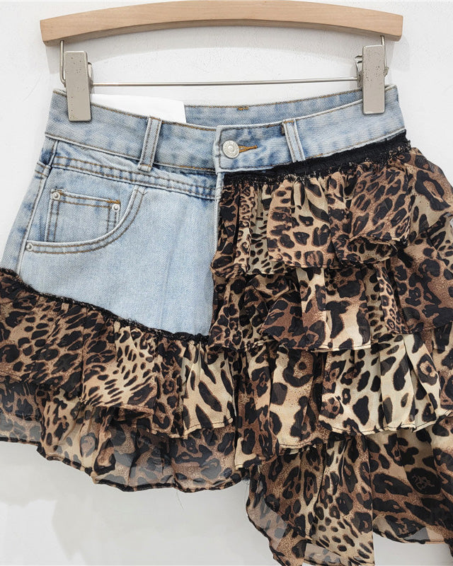 Denim Patchwork Short Irregular Chiffon Cake Skirt