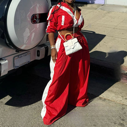 Women Clothing Sportswear Suit Woven Baggy Coat Two Piece Set Stitching Spring Autumn