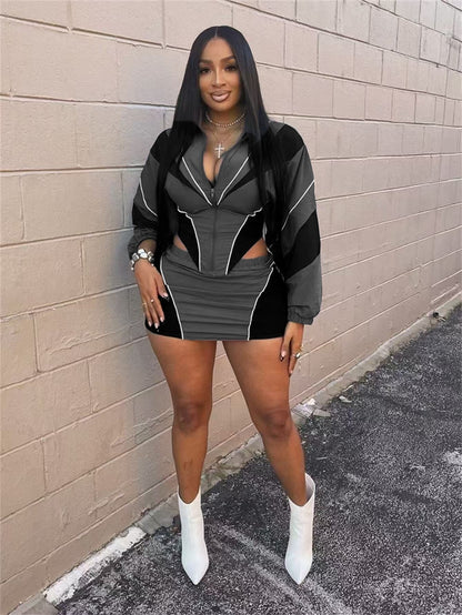 Conjunto deportivo sexy de otoño para mujer, holgado, informal, con contraste de color, de manga larga y abrigo con falda